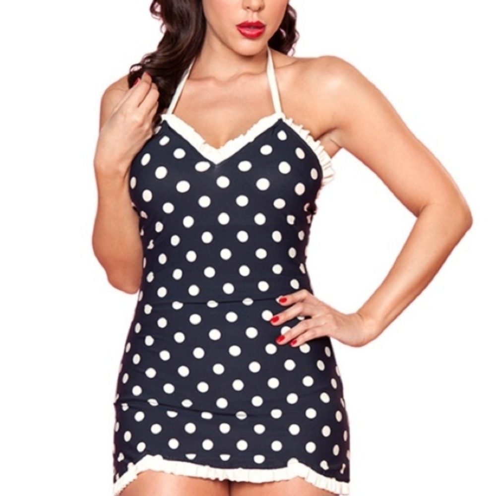 Bettie Page Retro Polka Dot Ruffle Trim One Piece Swim Dress Navy Blue Size 16W